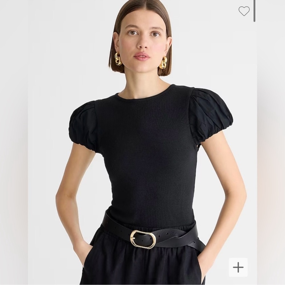J. Crew Rib Bubble T-Shirt with Cotton Poplin Puff Sleeves Natural size medium